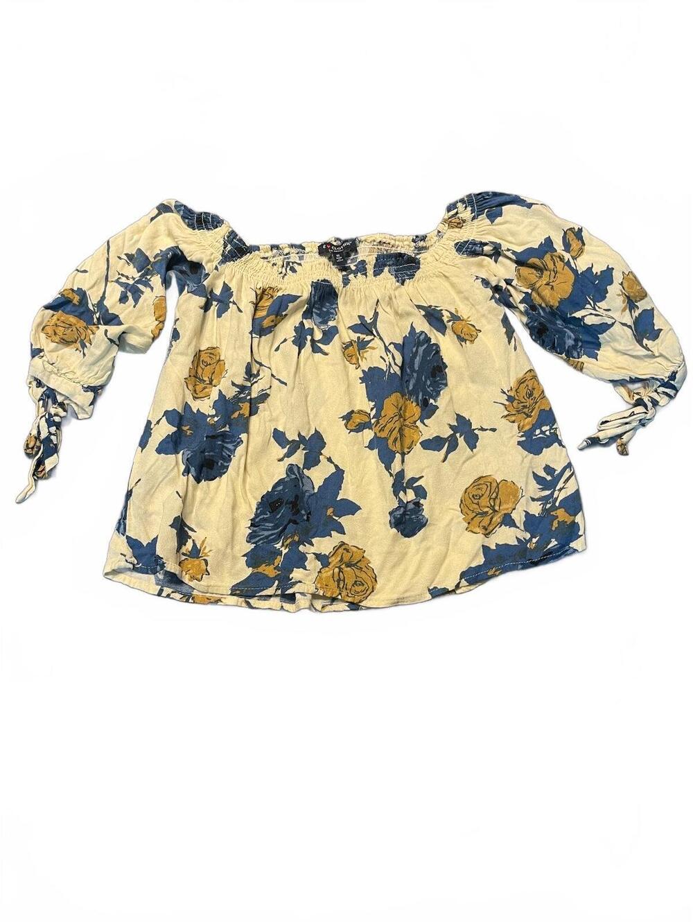Blue Floral Off Shoulder Peasant Blouse Boho Festival Cottagecore Size Small